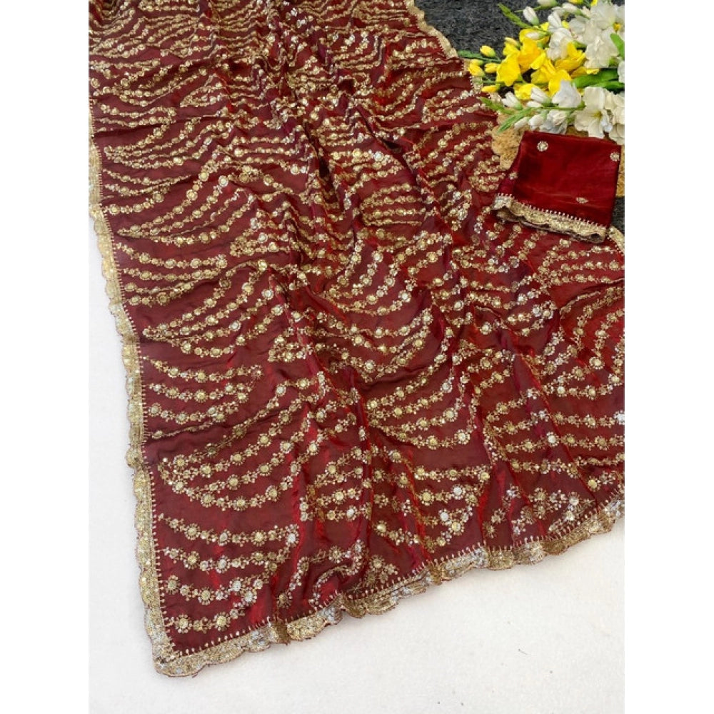 Women's Satin Embellished Saree With Unstitched Blouse 5.5 Mtr (Maroon)