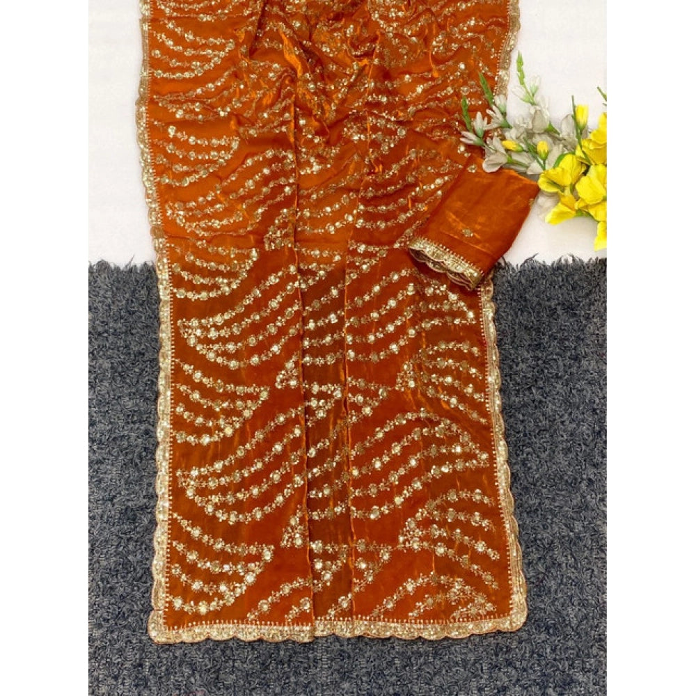 Women's Satin Embellished Saree With Unstitched Blouse 5.5 Mtr (Orange)