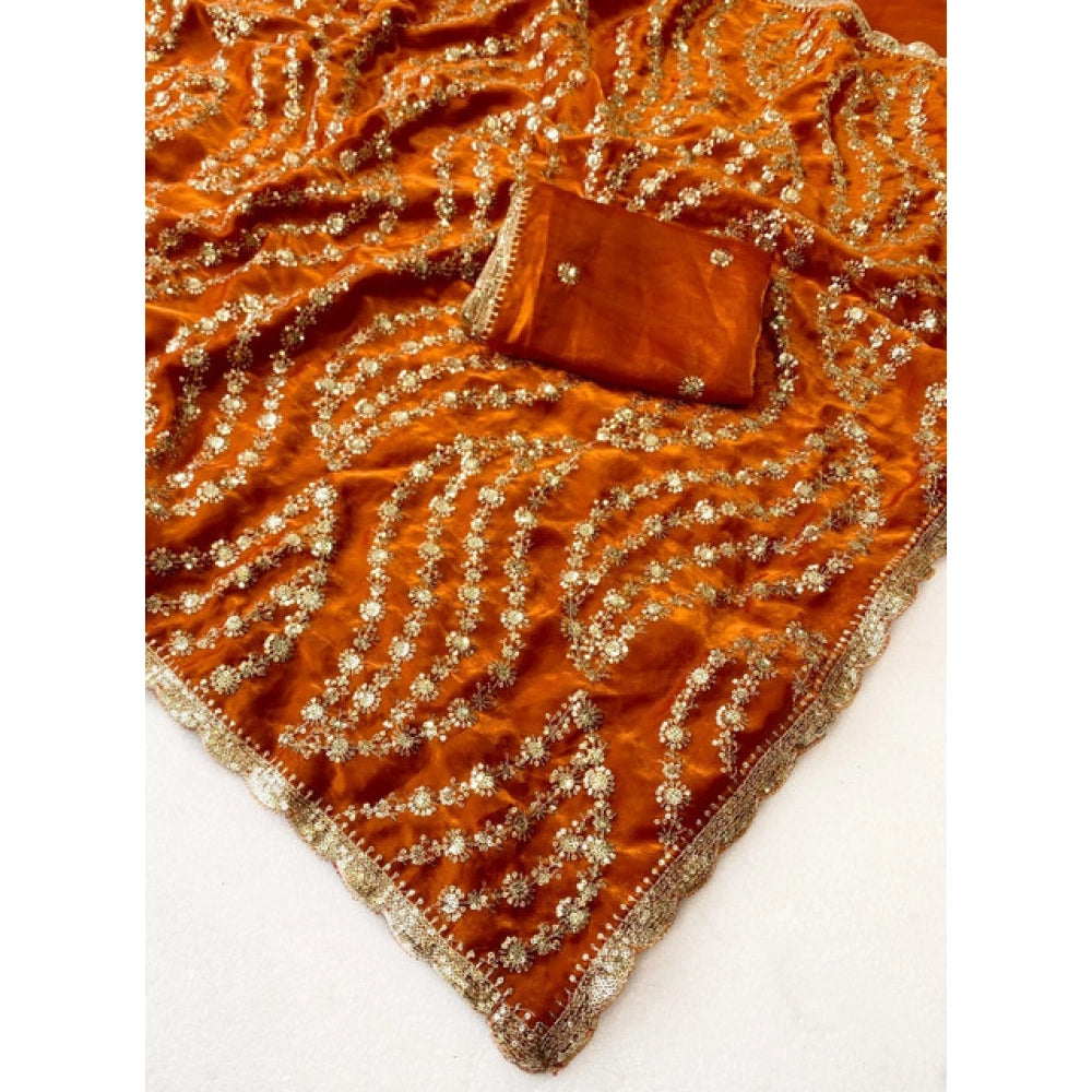 Women's Satin Embellished Saree With Unstitched Blouse 5.5 Mtr (Orange)
