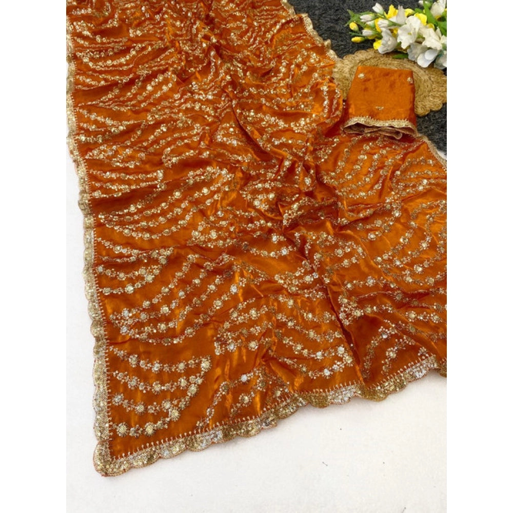 Women's Satin Embellished Saree With Unstitched Blouse 5.5 Mtr (Orange)