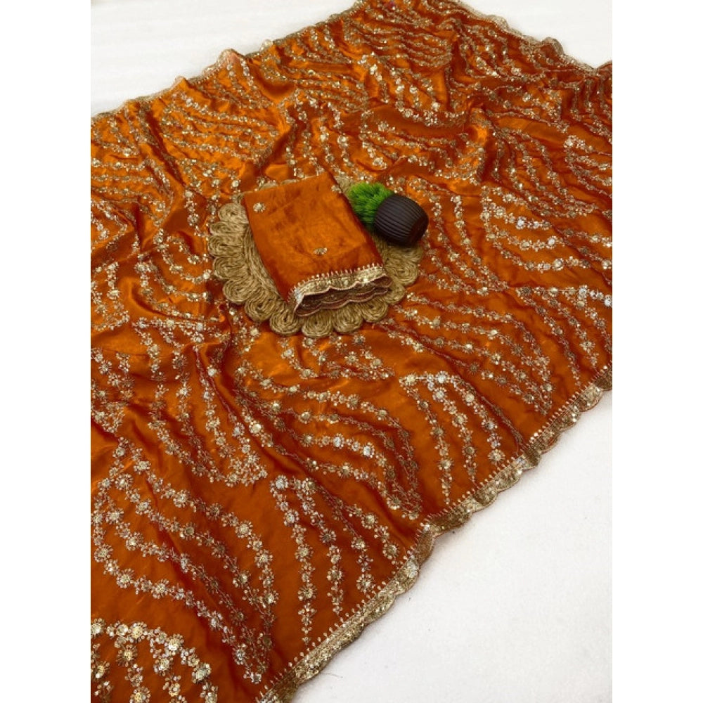 Women's Satin Embellished Saree With Unstitched Blouse 5.5 Mtr (Orange)