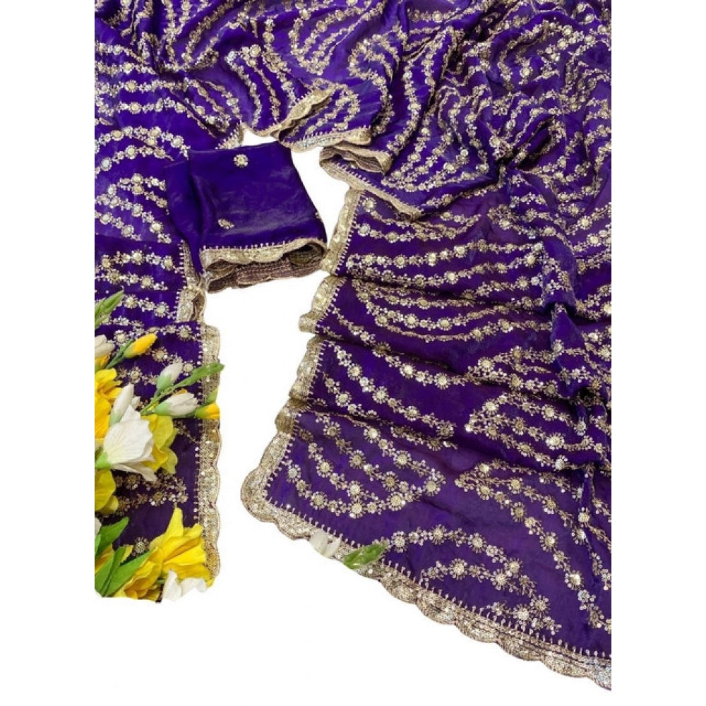 Women's Satin Embellished Saree With Unstitched Blouse 5.5 Mtr (Purple)