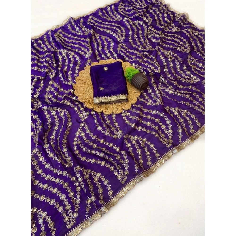 Women's Satin Embellished Saree With Unstitched Blouse 5.5 Mtr (Purple)