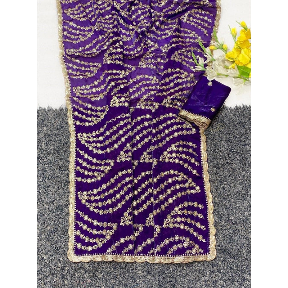 Women's Satin Embellished Saree With Unstitched Blouse 5.5 Mtr (Purple)