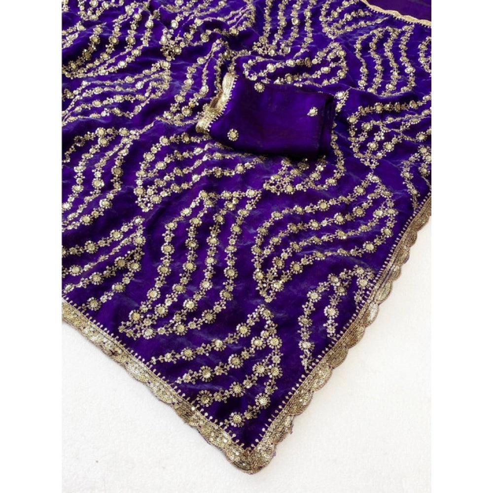Women's Satin Embellished Saree With Unstitched Blouse 5.5 Mtr (Purple)