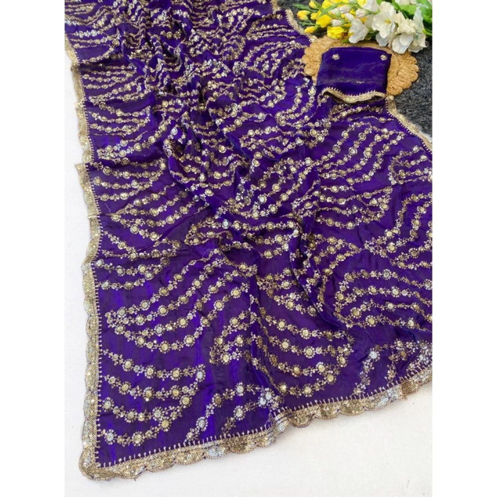 Women's Satin Embellished Saree With Unstitched Blouse 5.5 Mtr (Purple)