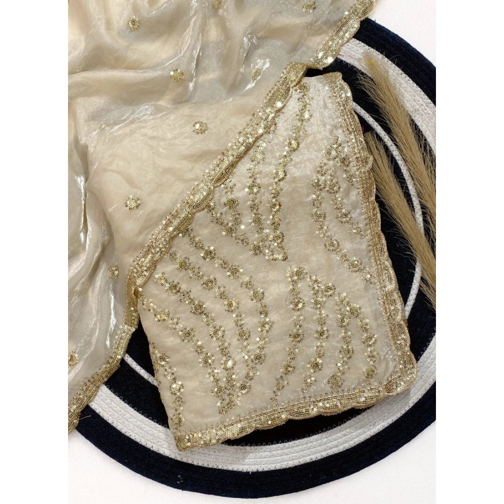 Women's Satin Embellished Saree With Unstitched Blouse 5.5 Mtr (Cream)