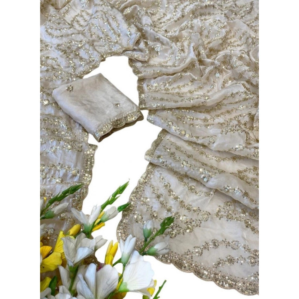Women's Satin Embellished Saree With Unstitched Blouse 5.5 Mtr (Cream)