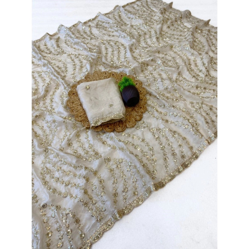 Women's Satin Embellished Saree With Unstitched Blouse 5.5 Mtr (Cream)