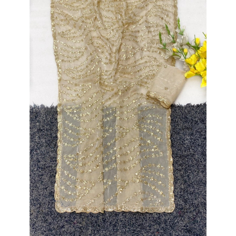 Women's Satin Embellished Saree With Unstitched Blouse 5.5 Mtr (Cream)