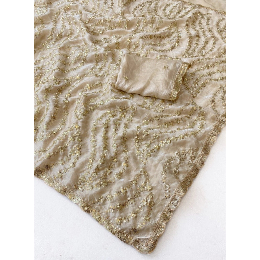 Women's Satin Embellished Saree With Unstitched Blouse 5.5 Mtr (Cream)