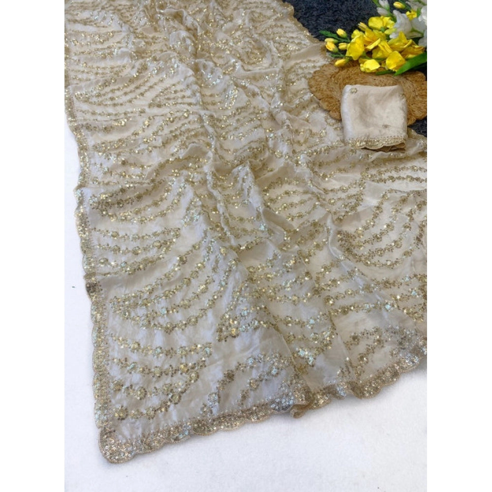 Women's Satin Embellished Saree With Unstitched Blouse 5.5 Mtr (Cream)
