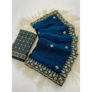 Women's Satin Embellished Saree With Unstitched Blouse 5.5 Mtr (Teal)