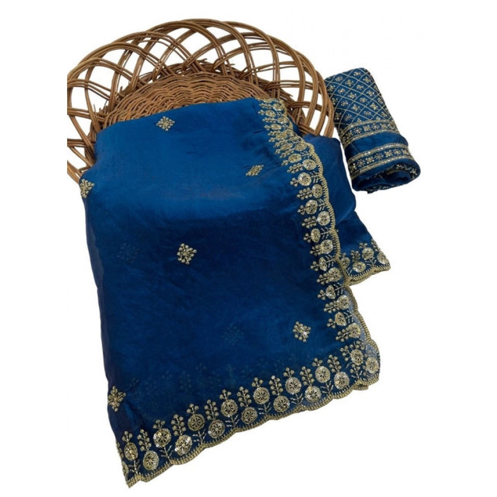 Women's Satin Embellished Saree With Unstitched Blouse 5.5 Mtr (Teal)