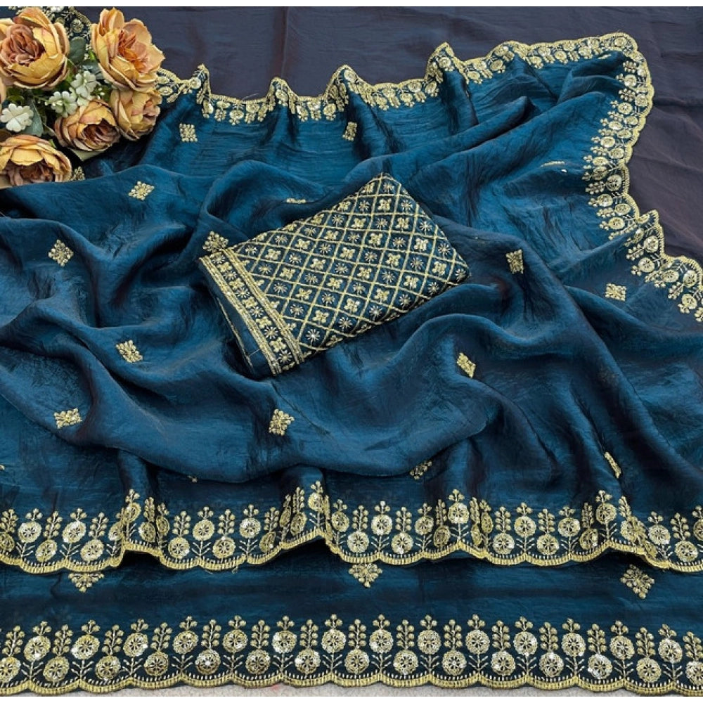 Women's Satin Embellished Saree With Unstitched Blouse 5.5 Mtr (Teal)