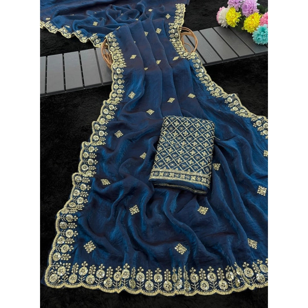 Women's Satin Embellished Saree With Unstitched Blouse 5.5 Mtr (Teal)
