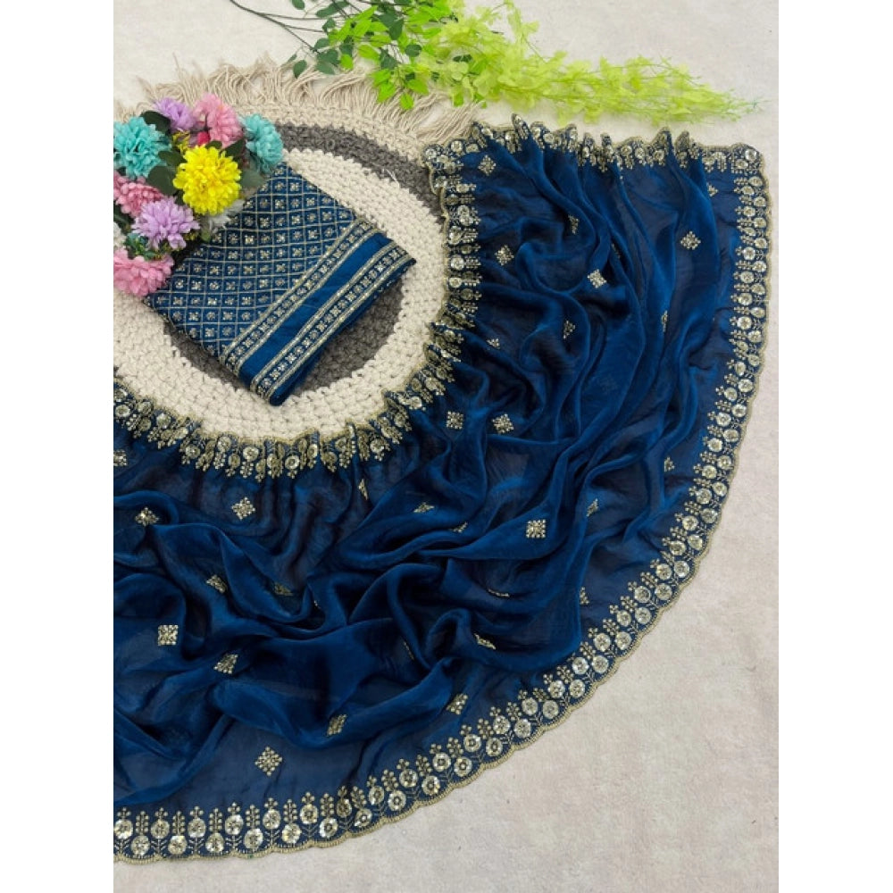 Women's Satin Embellished Saree With Unstitched Blouse 5.5 Mtr (Teal)