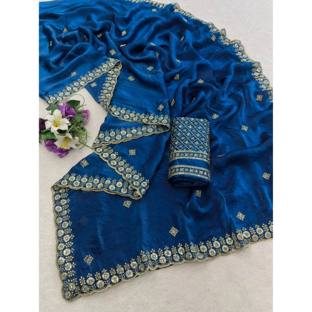 Women's Satin Embellished Saree With Unstitched Blouse 5.5 Mtr (Teal)