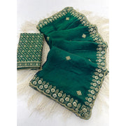 Women's Satin Embellished Saree With Unstitched Blouse 5.5 Mtr (Green)
