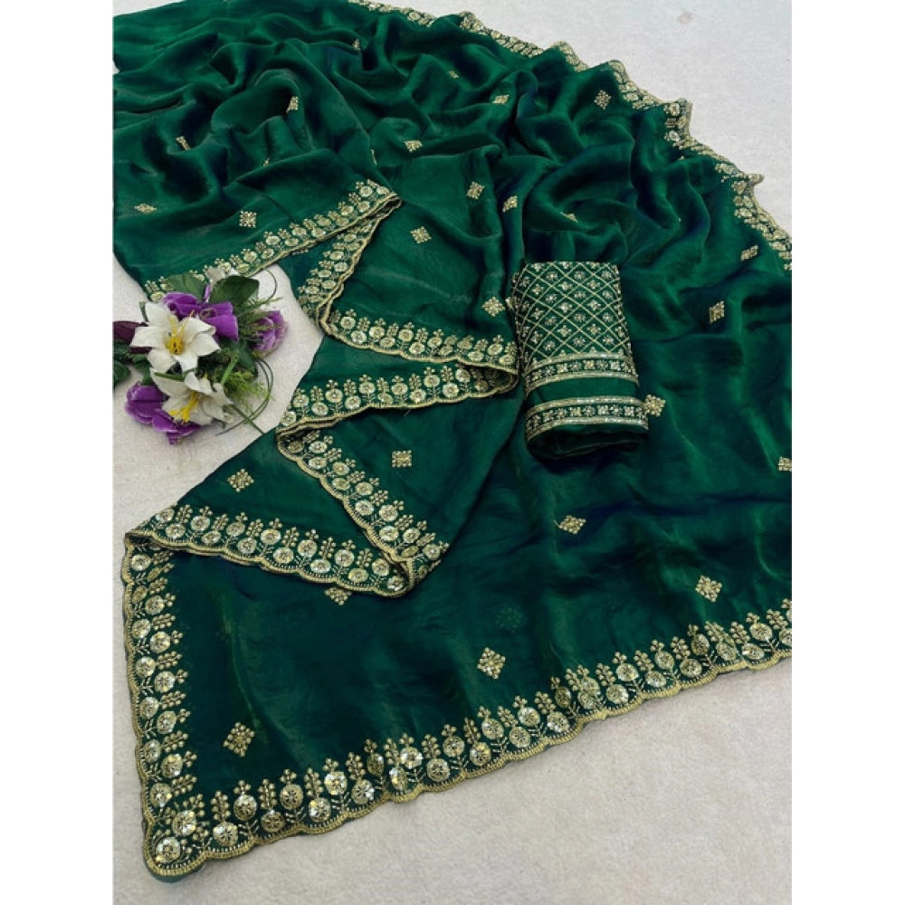 Women's Satin Embellished Saree With Unstitched Blouse 5.5 Mtr (Green)