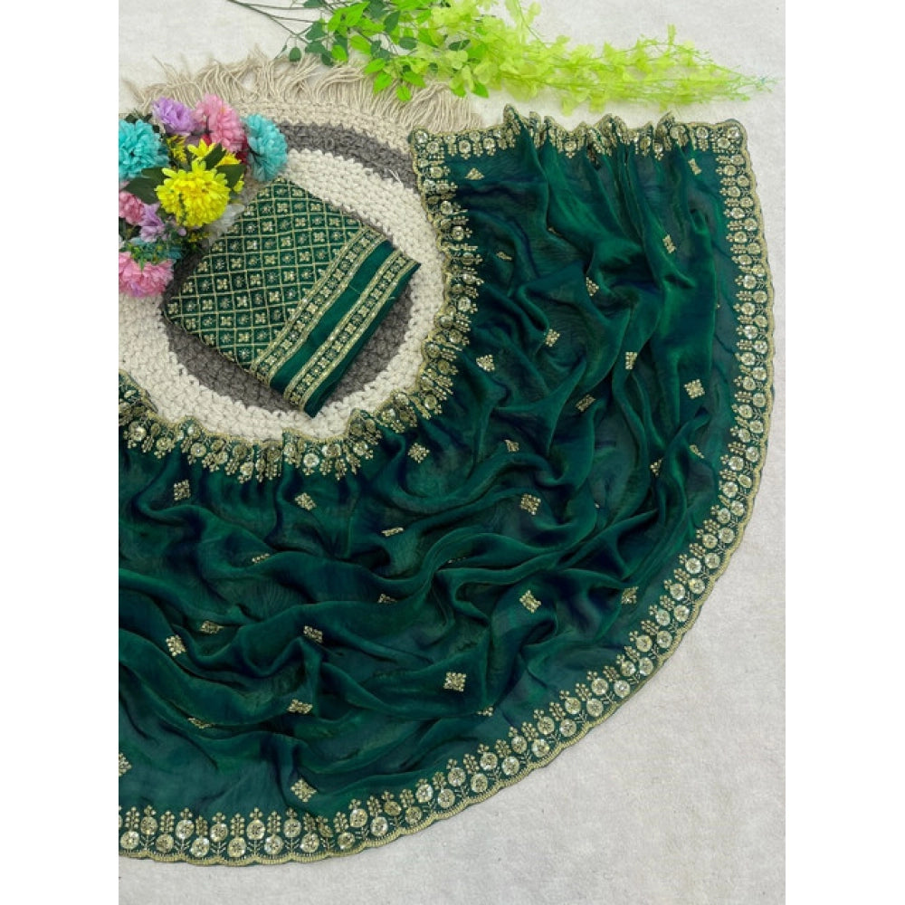 Women's Satin Embellished Saree With Unstitched Blouse 5.5 Mtr (Green)