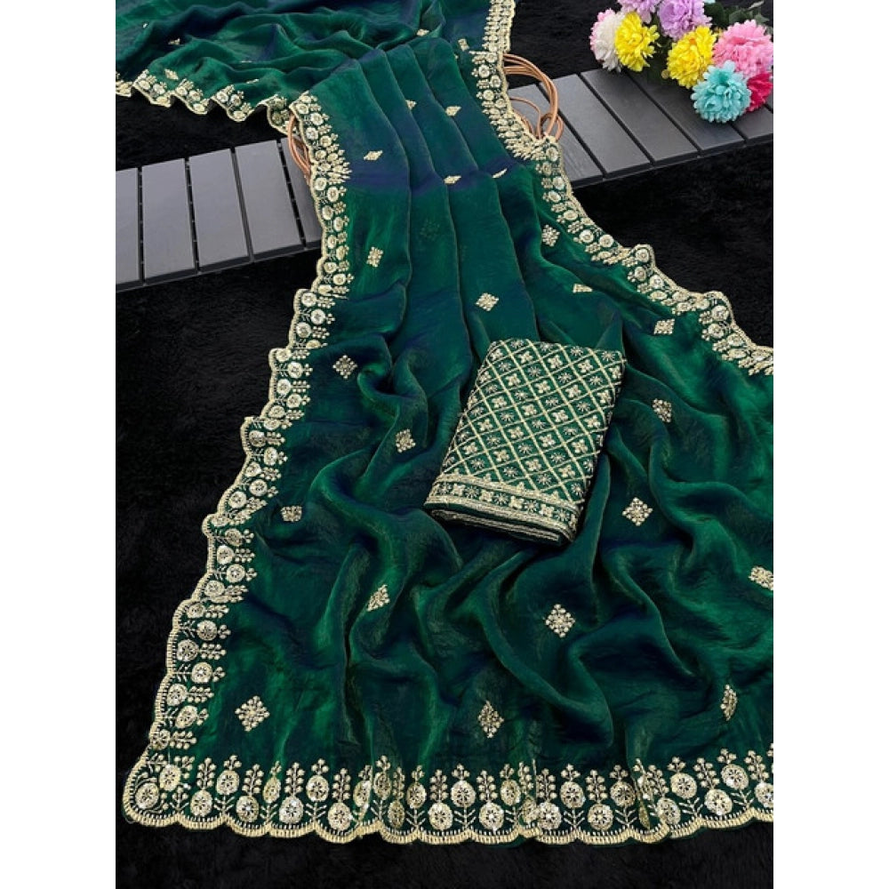 Women's Satin Embellished Saree With Unstitched Blouse 5.5 Mtr (Green)
