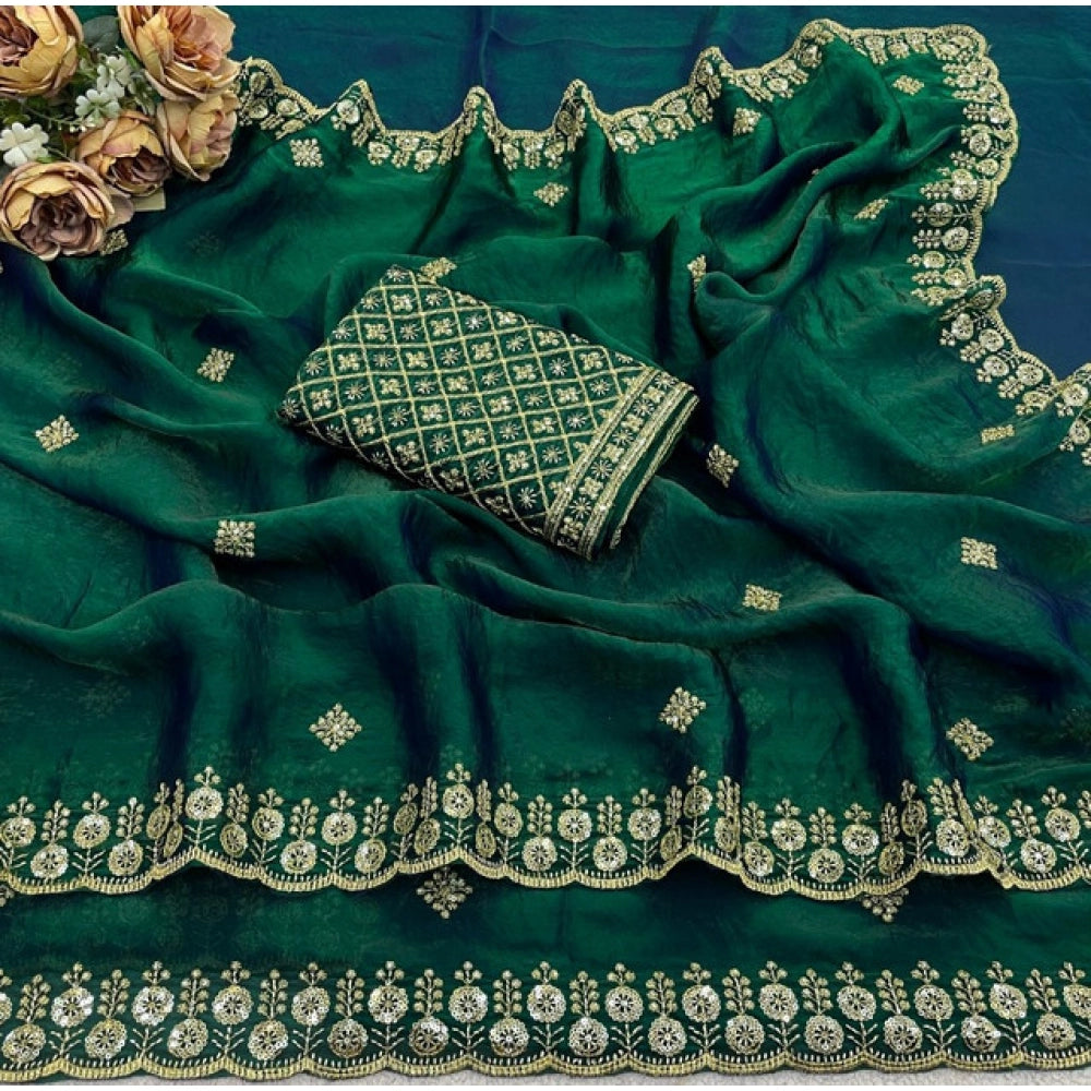 Women's Satin Embellished Saree With Unstitched Blouse 5.5 Mtr (Green)