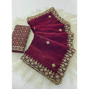 Women's Satin Embellished Saree With Unstitched Blouse 5.5 Mtr (Maroon)