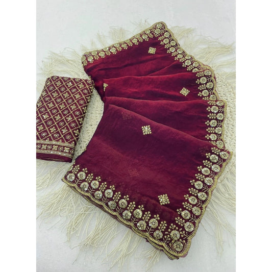 Women's Satin Embellished Saree With Unstitched Blouse 5.5m (Maroon)