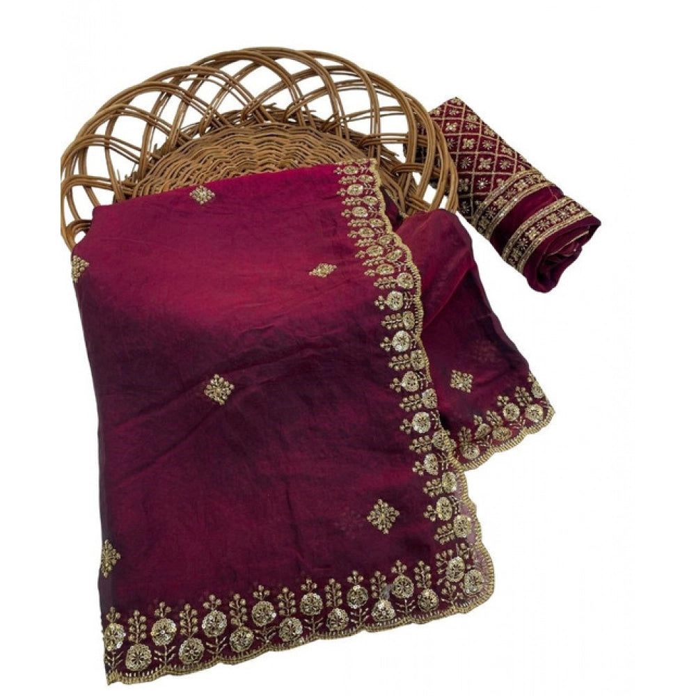 Women's Satin Embellished Saree With Unstitched Blouse 5.5 Mtr (Maroon)