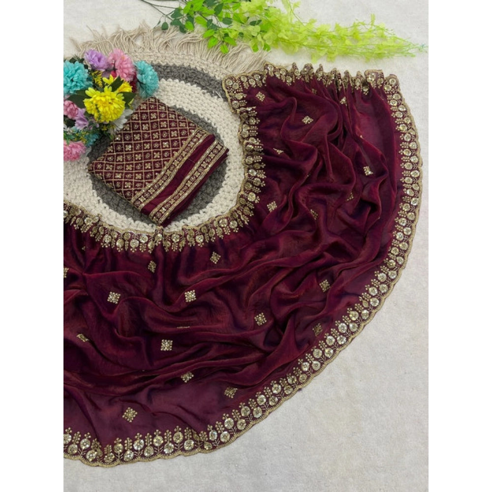 Women's Satin Embellished Saree With Unstitched Blouse 5.5 Mtr (Maroon)
