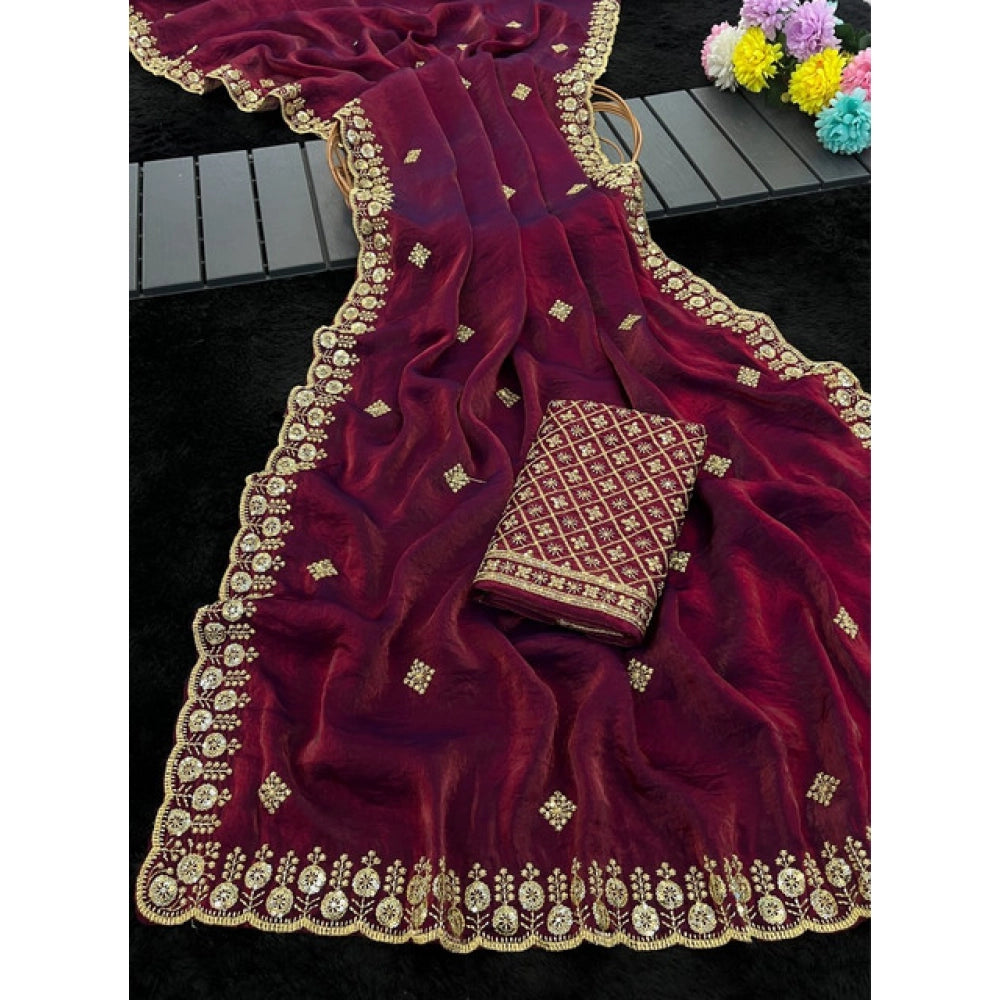 Women's Satin Embellished Saree With Unstitched Blouse 5.5 Mtr (Maroon)