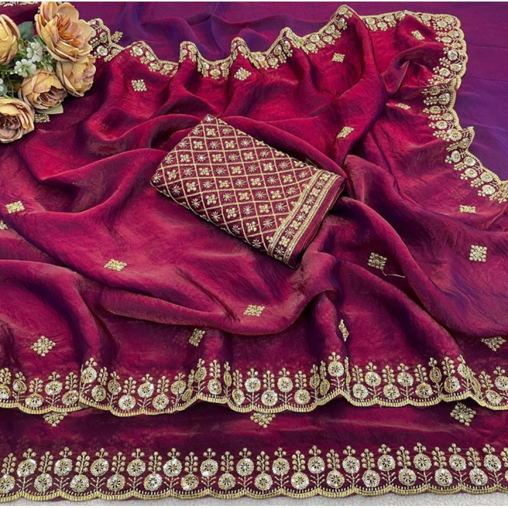 Women's Satin Embellished Saree With Unstitched Blouse 5.5 Mtr (Maroon)