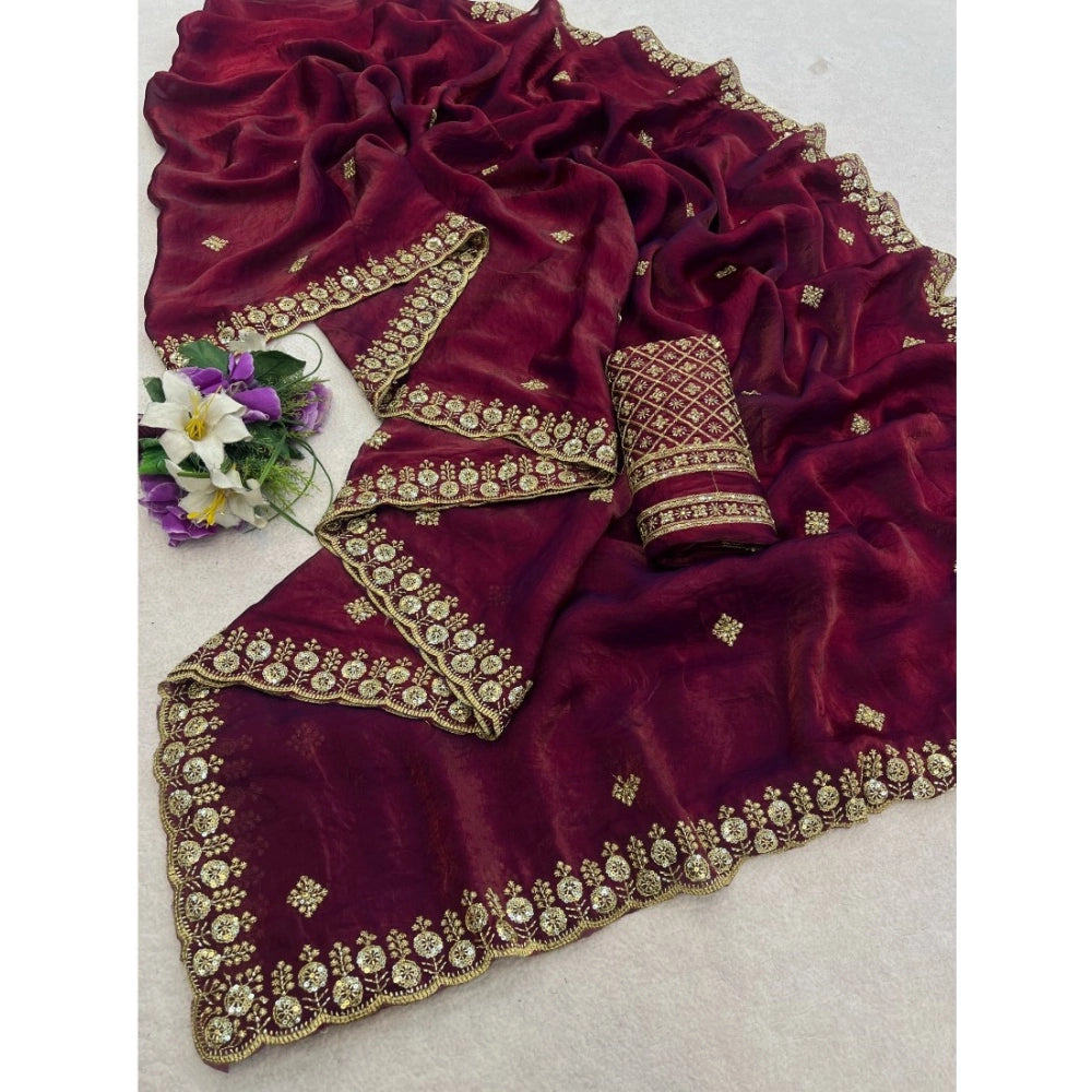 Women's Satin Embellished Saree With Unstitched Blouse 5.5 Mtr (Maroon)