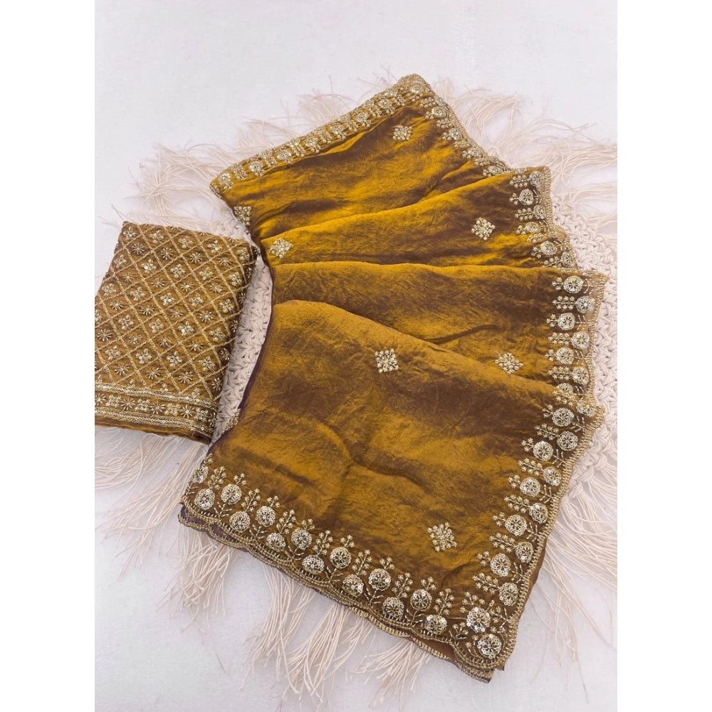 Women's Satin Embellished Saree With Unstitched Blouse 5.5 Mtr (Mustard)