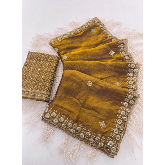 Women's Satin Embellished Saree With Unstitched Blouse 5.5m (Mustard)