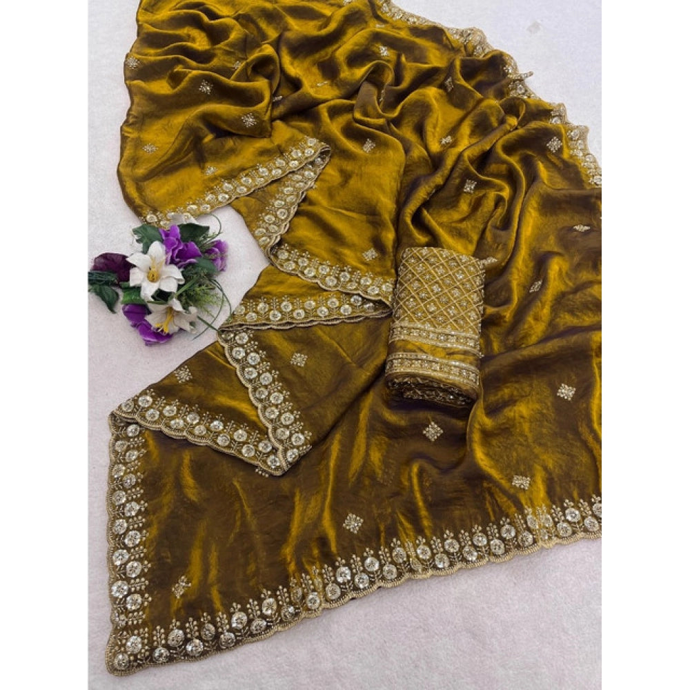 Women's Satin Embellished Saree With Unstitched Blouse 5.5 Mtr (Mustard)