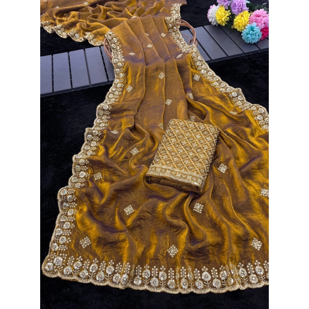 Women's Satin Embellished Saree With Unstitched Blouse 5.5 Mtr (Mustard)