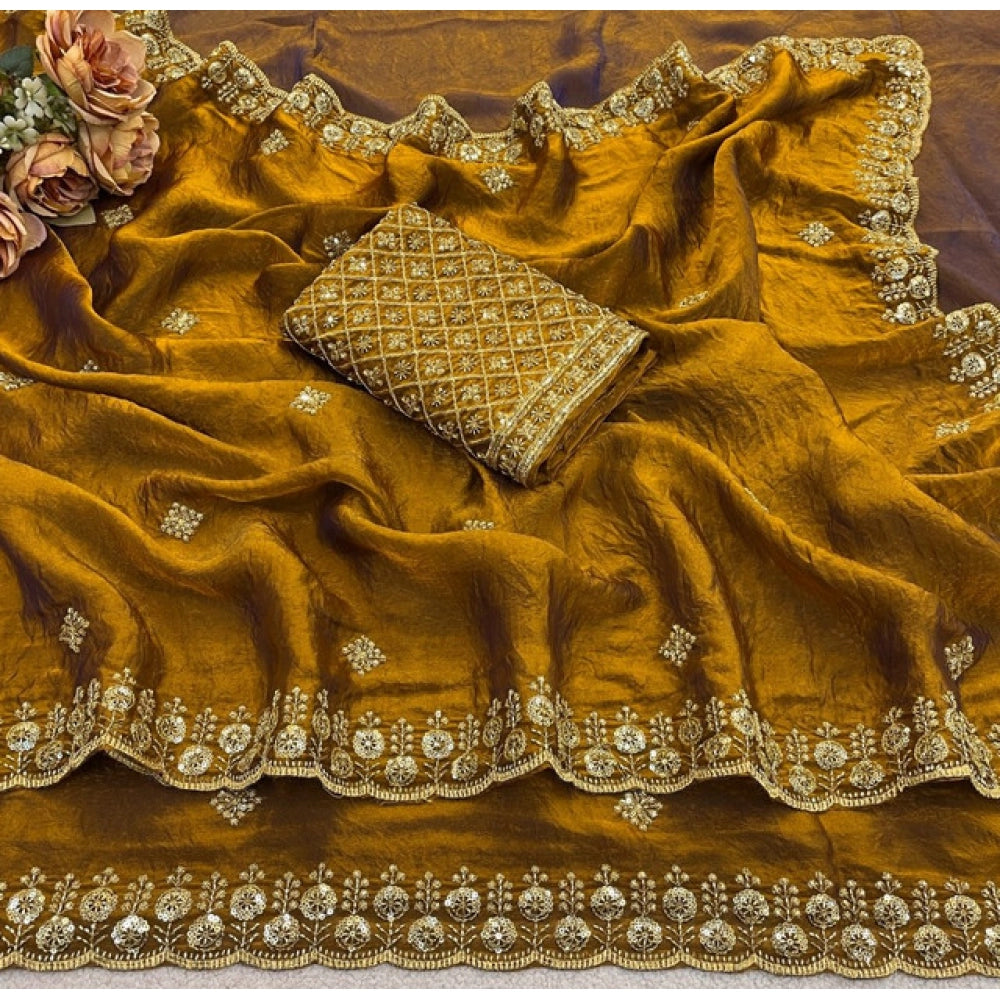 Women's Satin Embellished Saree With Unstitched Blouse 5.5 Mtr (Mustard)