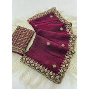 Women's Satin Embellished Saree With Unstitched Blouse 5.5 Mtr (Wine-Toned)