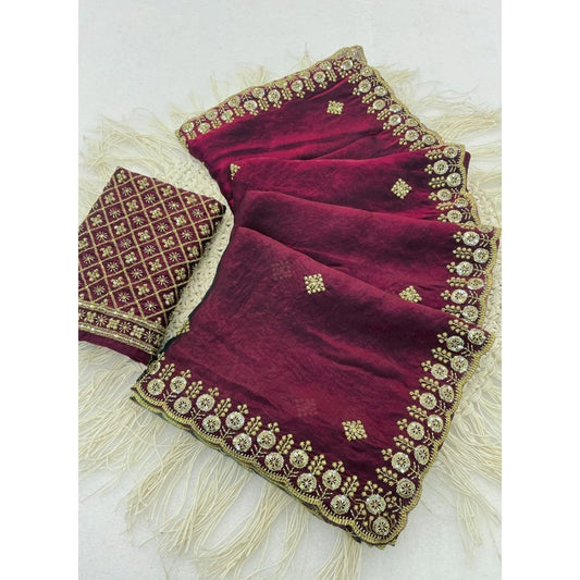 Women's Satin Embellished Saree With Unstitched Blouse 5.5m (Wine-Toned)