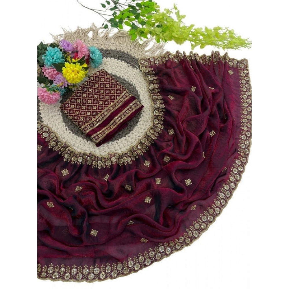 Women's Satin Embellished Saree With Unstitched Blouse 5.5 Mtr (Wine-Toned)
