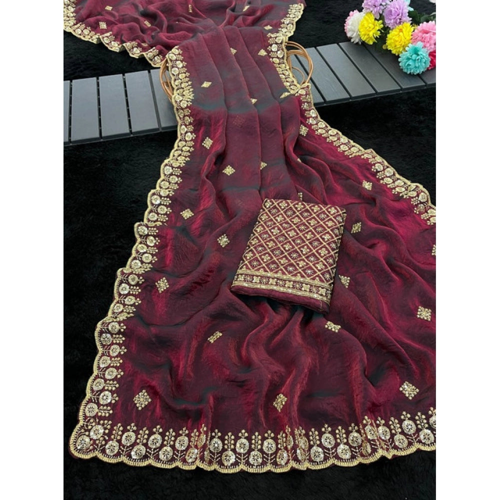 Women's Satin Embellished Saree With Unstitched Blouse 5.5 Mtr (Wine-Toned)