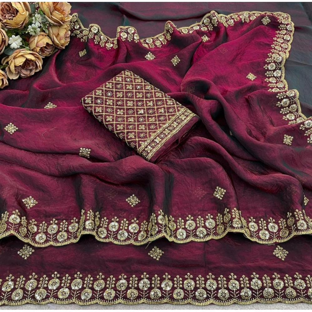 Women's Satin Embellished Saree With Unstitched Blouse 5.5 Mtr (Wine-Toned)
