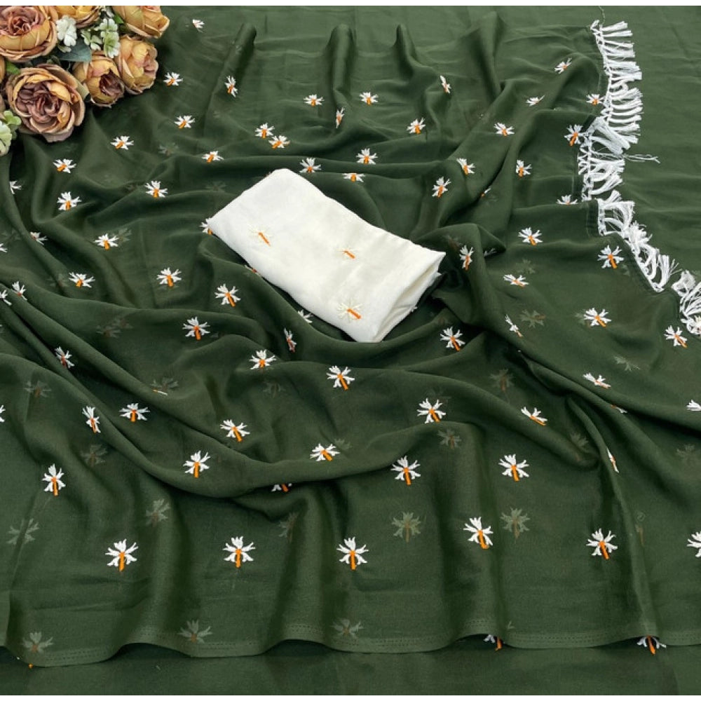 Women's Georgette Embellished Saree With Unstitched Blouse 5.5 Mtr (Green)