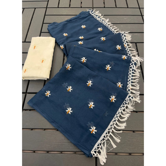 Women's Georgette Embellished Saree With Unstitched Blouse 5.5m (Navy)