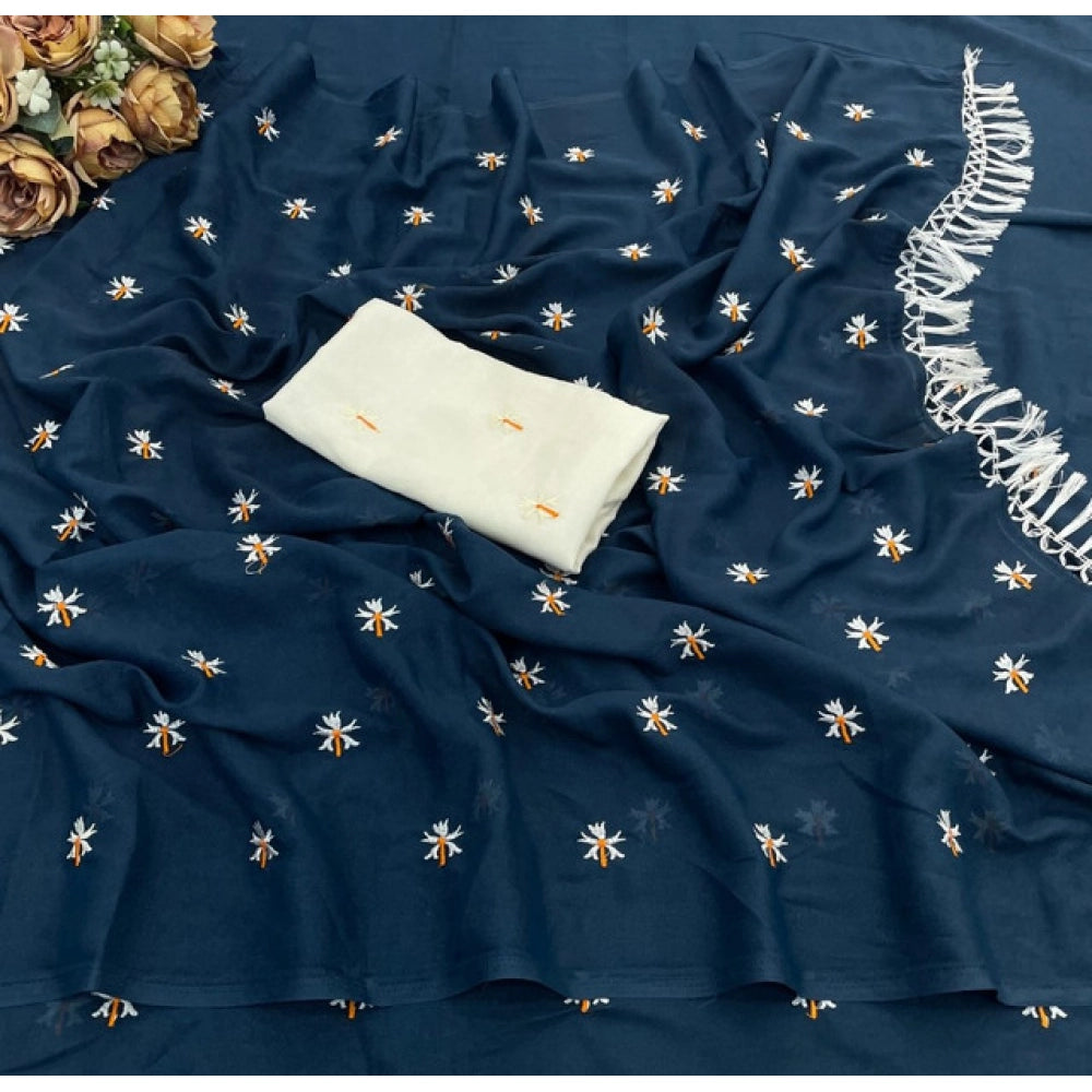 Women's Georgette Embellished Saree With Unstitched Blouse 5.5 Mtr (Navy)