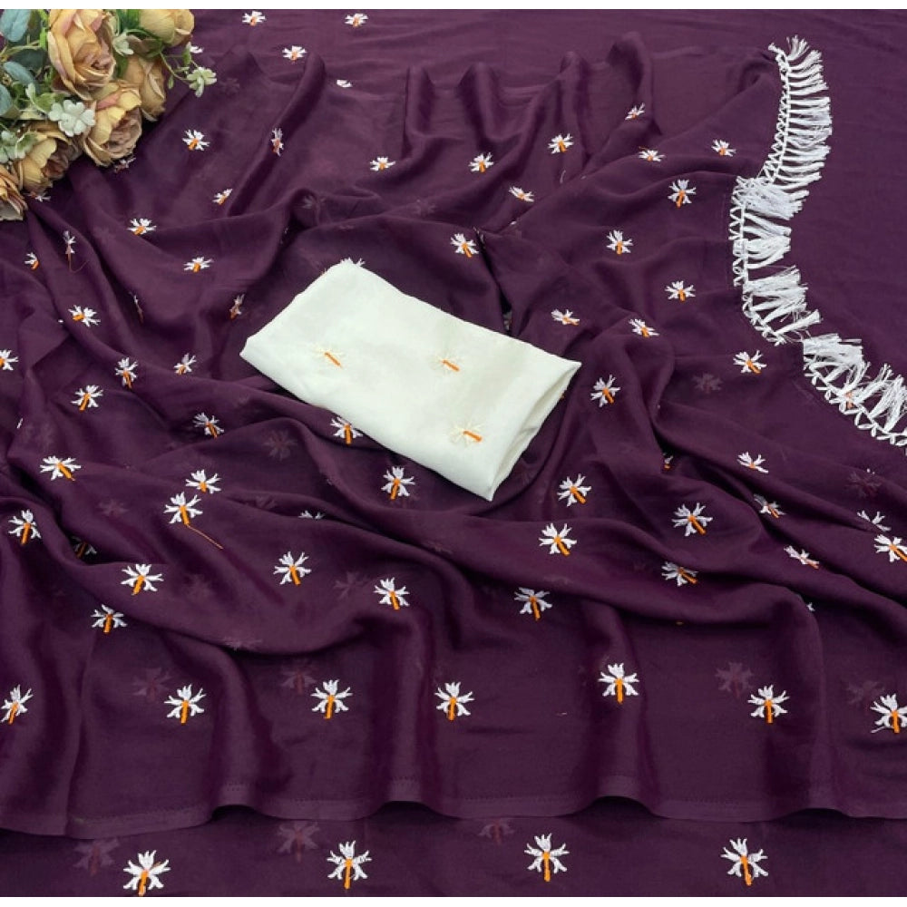 Women's Georgette Embellished Saree With Unstitched Blouse 5.5 Mtr (Wine)