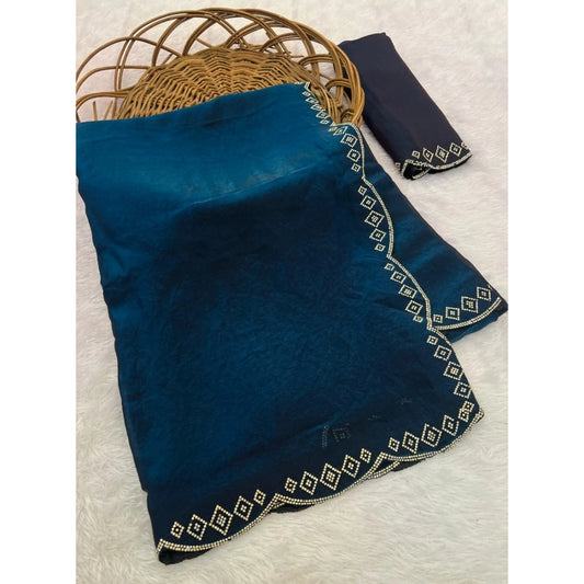 Women's Satin Embellished Saree With Unstitched Blouse 5.5m (Navy)