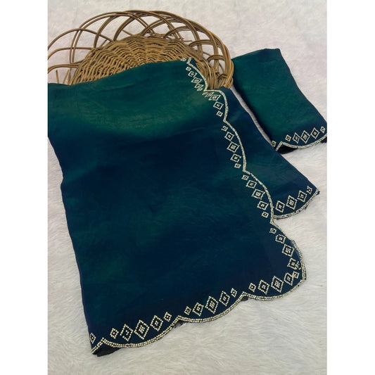 Women's Satin Embellished Saree With Unstitched Blouse 5.5m (Bottle Green)